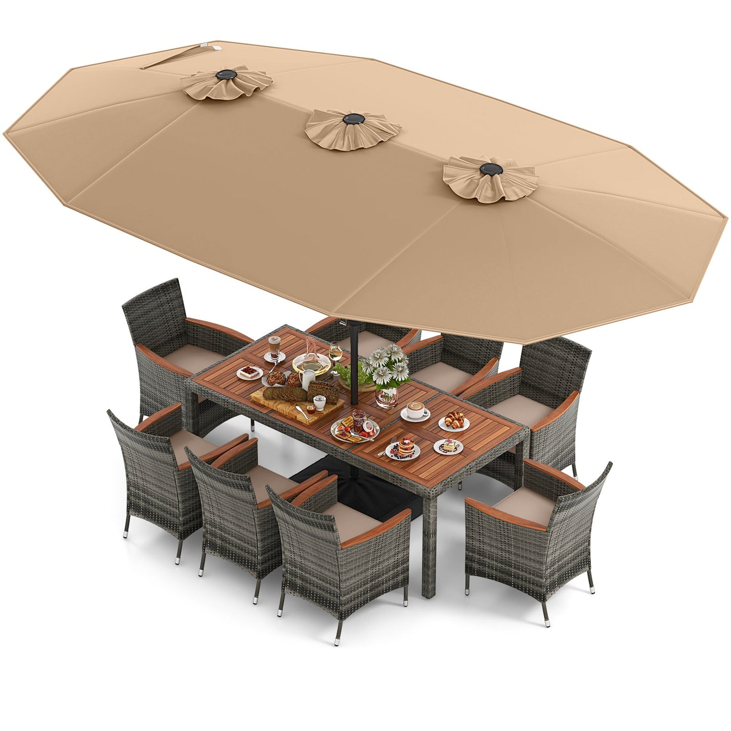 10 Pieces Patio Wicker Dining Set with 15 Feet Double-Sided Patio Umbrella-Turquoise