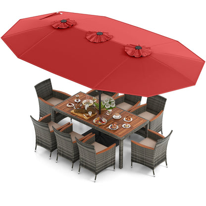 10 Pieces Patio Wicker Dining Set with 15 Feet Double-Sided Patio Umbrella-Turquoise