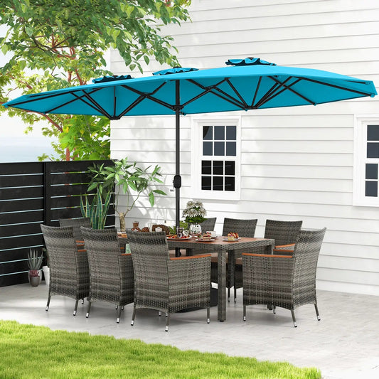 Ensemble de salle à manger en osier 10 pièces pour patio avec parasol double face de 4,5 mètres