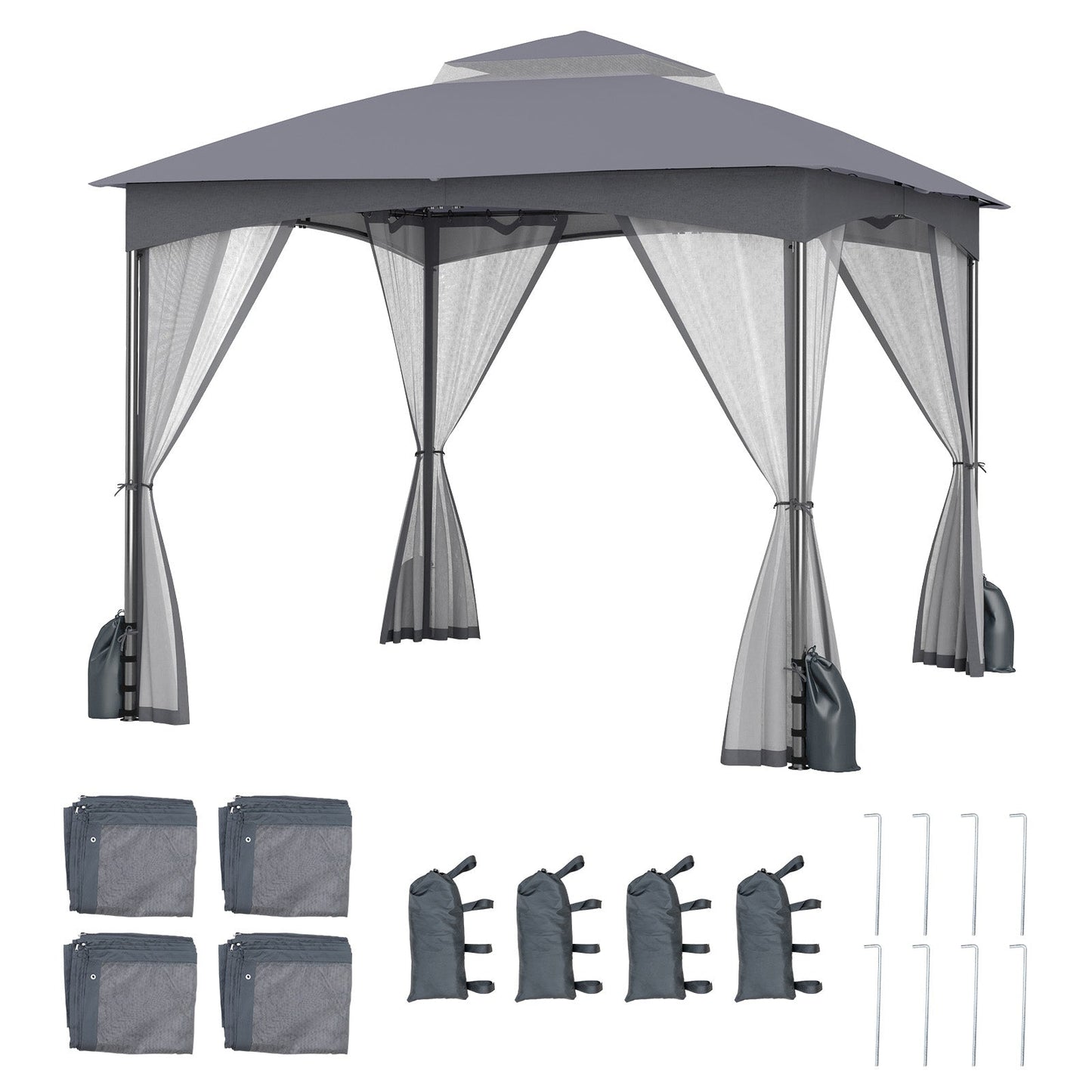 Gazebo de patio resistente de 3 X 3 m con paredes de malla y 4 sacos de arena - Caqui