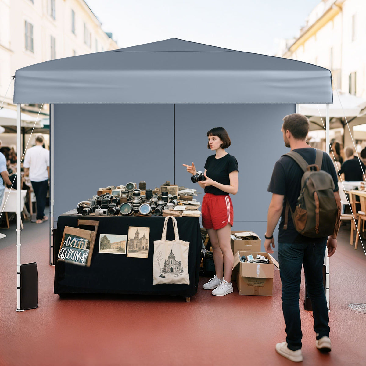 10x10 ft pop up canopy tent by GemGear with 4 sidewalls, gray canopy for outdoor market use on Tampa Home & Garden Store
