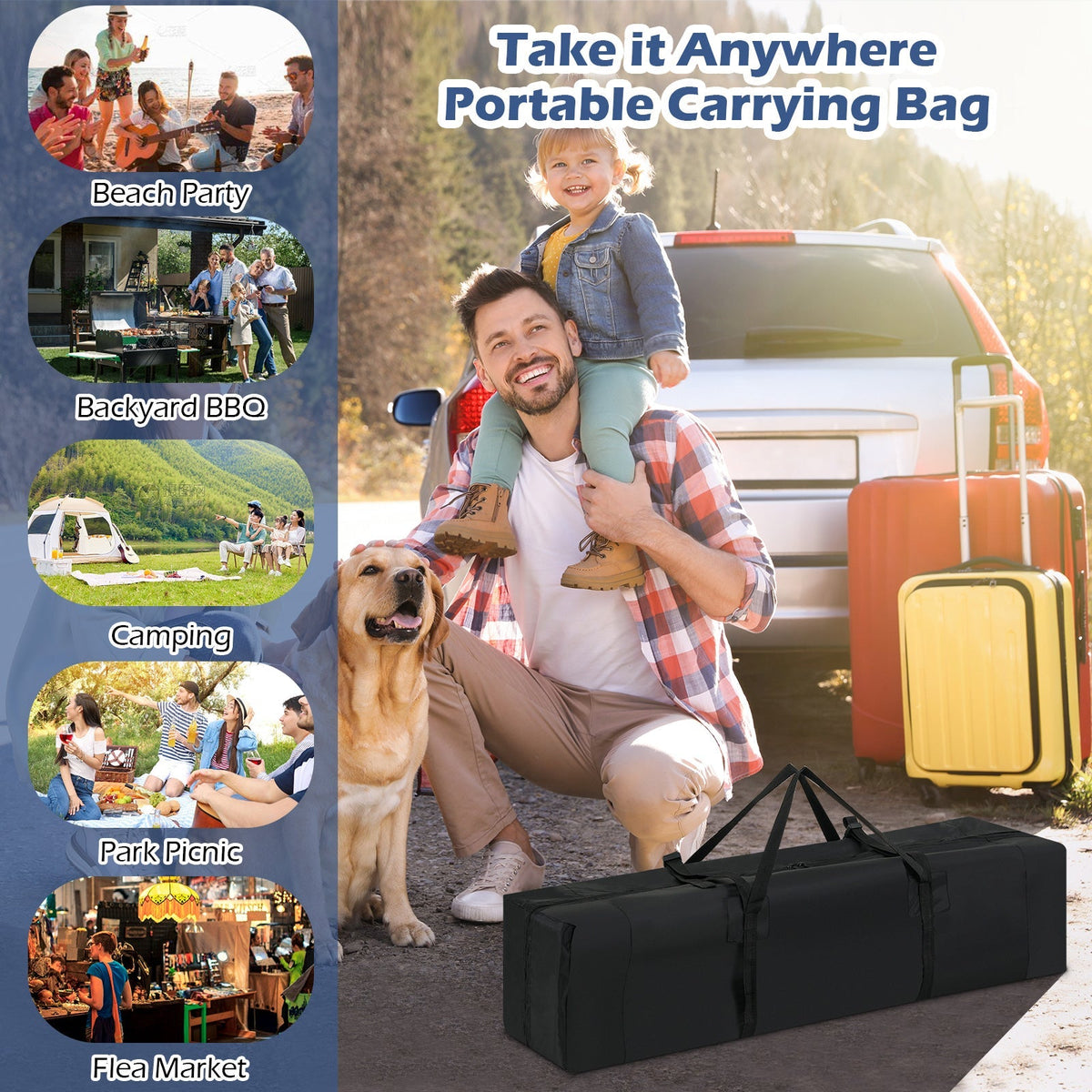 Pop-up canopy tent 10x10 ft by GemGear with carrying bag and 8 stakes, outdoors with family on Tampa Home & Garden Store