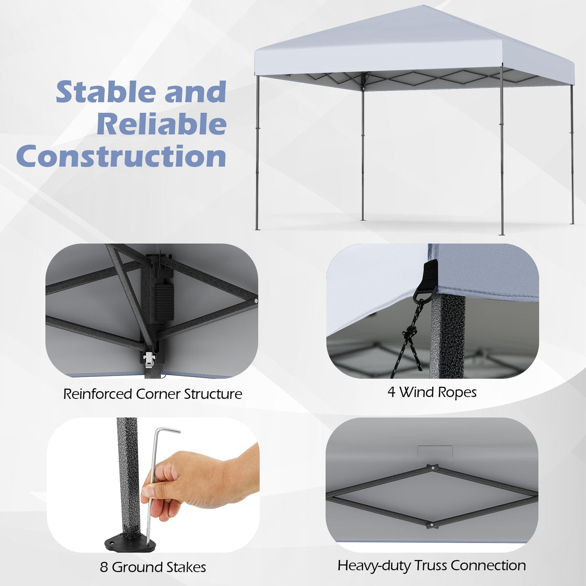 GemGear 10x10 ft pop up canopy tent with white canopy, steel frame, carrying bag, and 8 stakes on Tampa Home & Garden Store