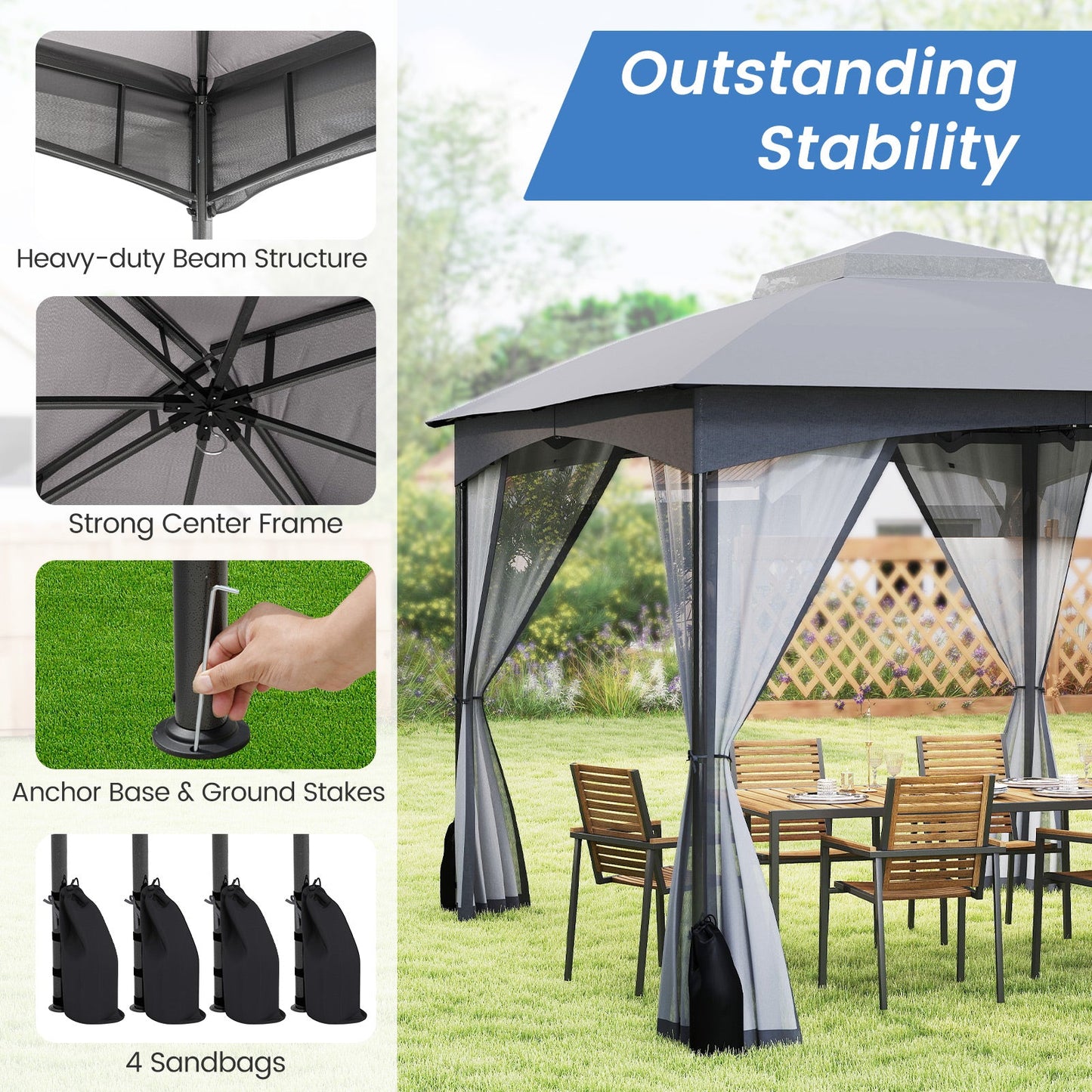 10 X 12 FT Patio Gazebo with Netting Walls with 4 Sandbags-Gray