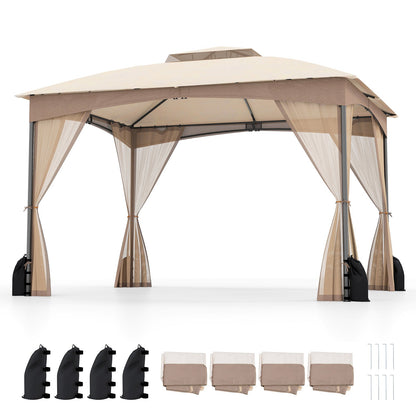 10 X 12 FT Patio Gazebo with Netting Walls with 4 Sandbags-Gray