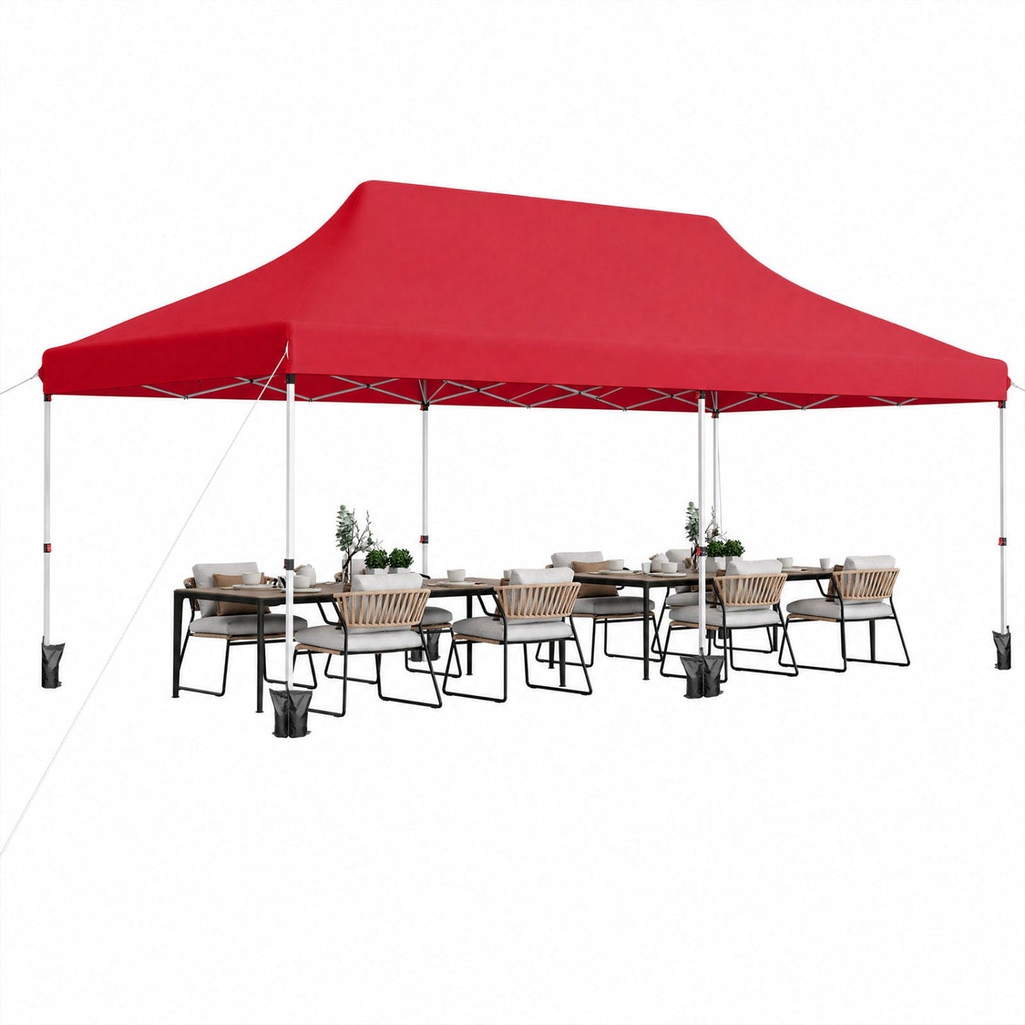 Pop Up Canopy Tent 10x20 ft red canopy over an outdoor dining table setup on Tampa Home & Garden Store