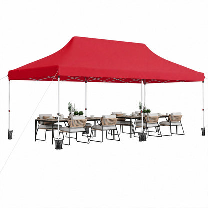 Pop Up Canopy Tent 10x20 ft red canopy over an outdoor dining table setup on Tampa Home & Garden Store