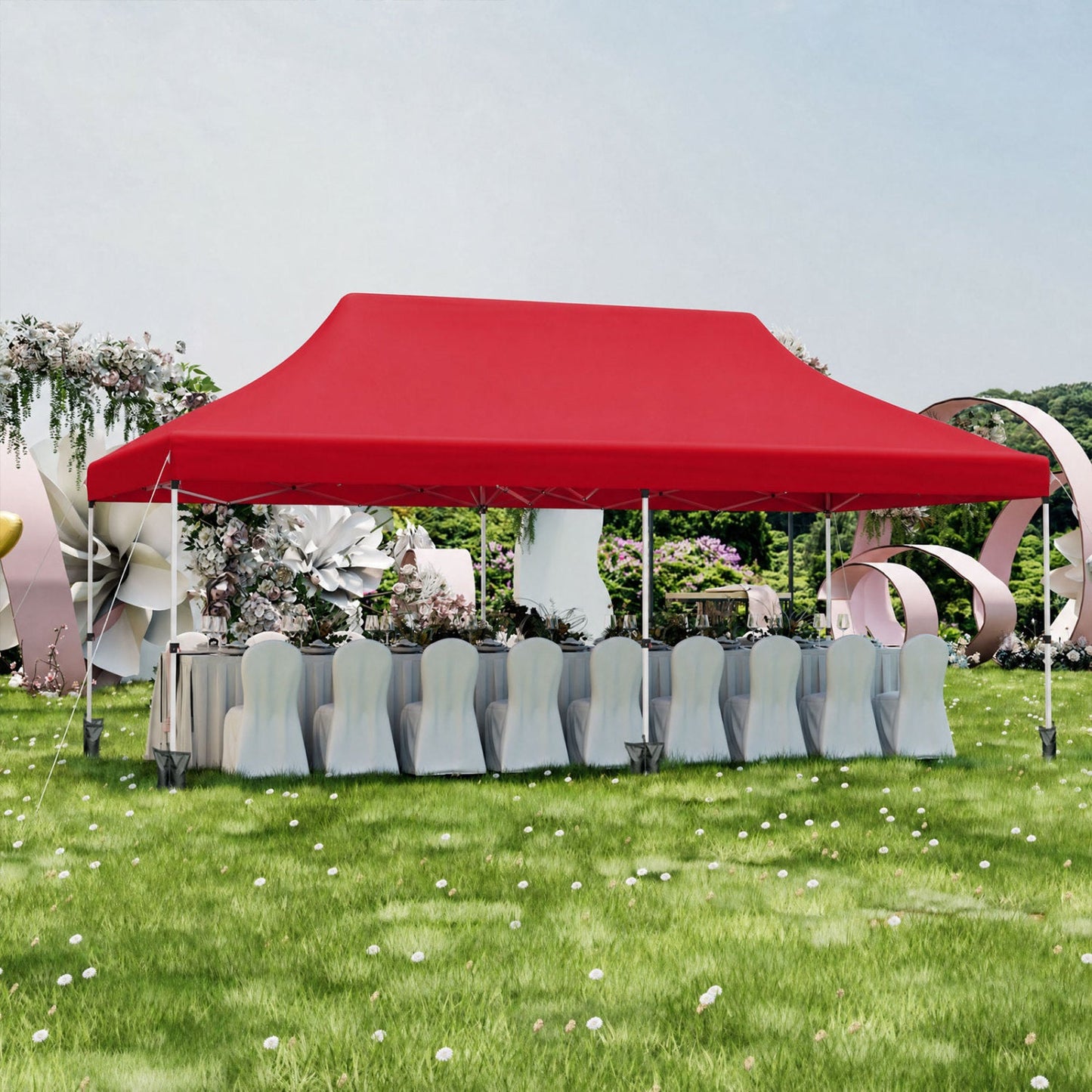 Pop Up Canopy Tent 10x20 ft red with chairs at event with carry bag on Tampa Home & Garden Store