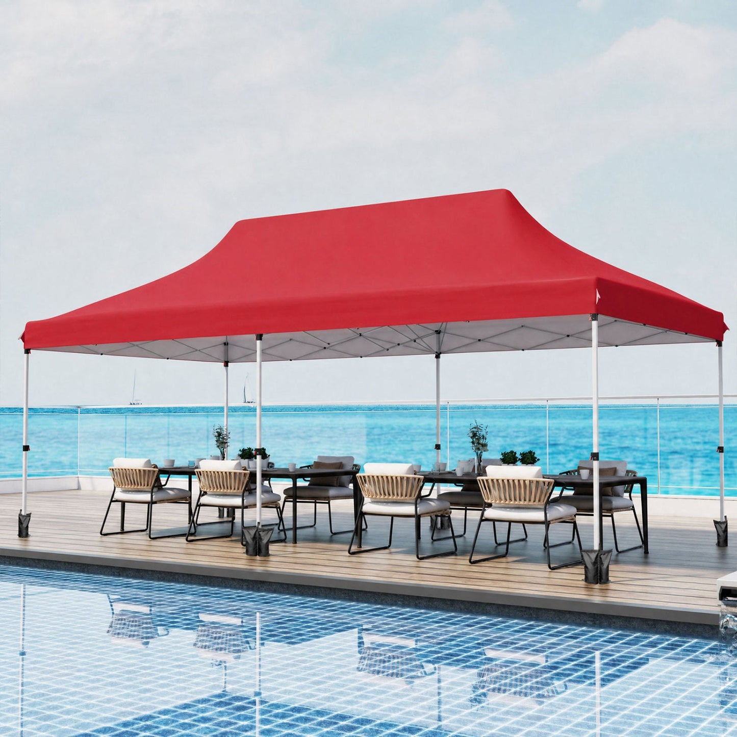Pop Up Canopy Tent 10x20 ft by DirectDeals in red with carry bag, poolside dining setup on Tampa Home & Garden Store
