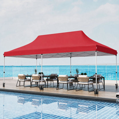 Pop Up Canopy Tent 10x20 ft by DirectDeals in red with carry bag, poolside dining setup on Tampa Home & Garden Store