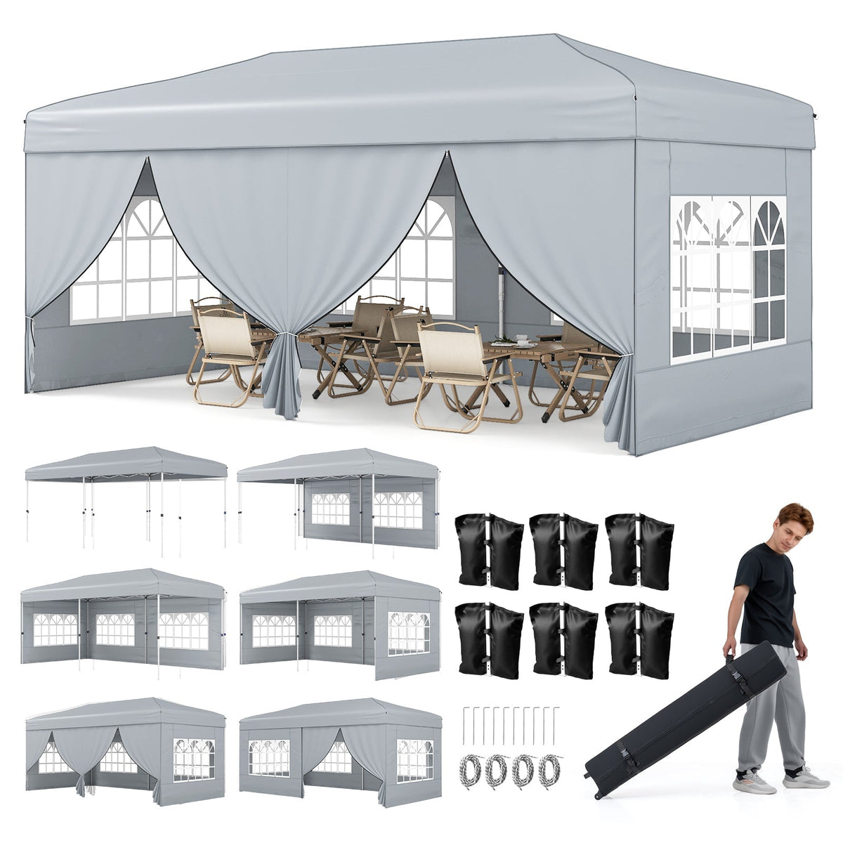 GemGear 10x20 ft pop-up canopy tent with 6 sidewalls in gray, instant setup on Tampa Home & Garden Store
