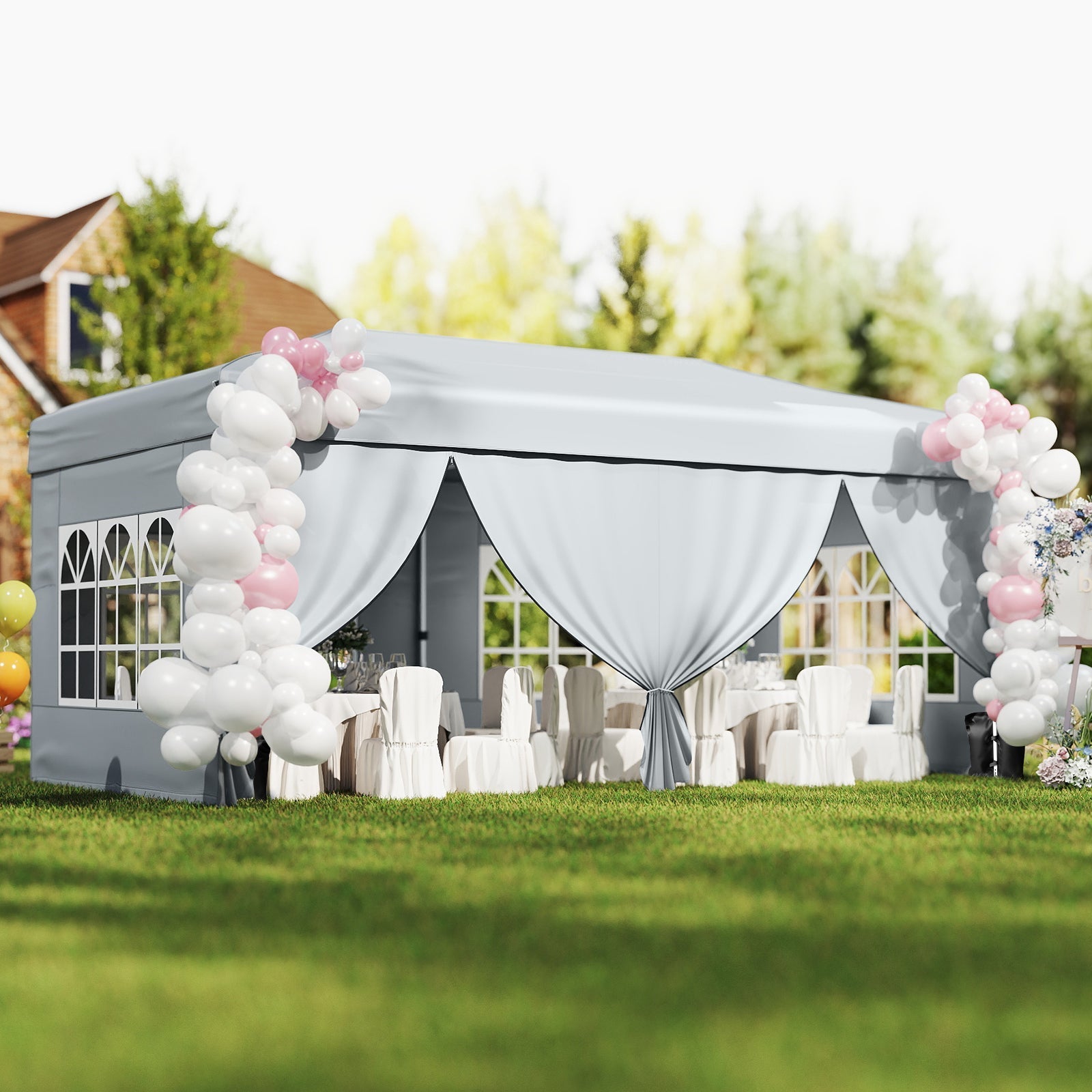 GemGear 10x20 ft pop up canopy tent with 6 sidewalls, gray fabric, outdoor event pink balloons on Tampa Home & Garden Store