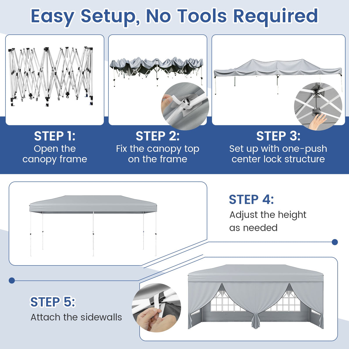 GemGear 10x20 ft pop-up canopy tent with instant setup, silver frame and gray canopy, includes 6 sidewalls on Tampa Home & Garden Store