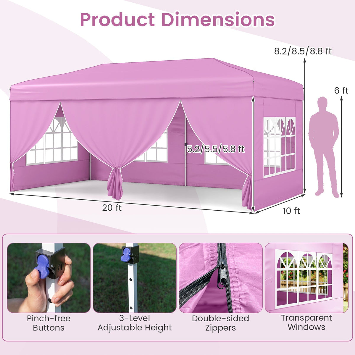 GemGear 10x20 ft pink pop-up canopy tent with 6 sidewalls and transparent windows on Tampa Home & Garden Store