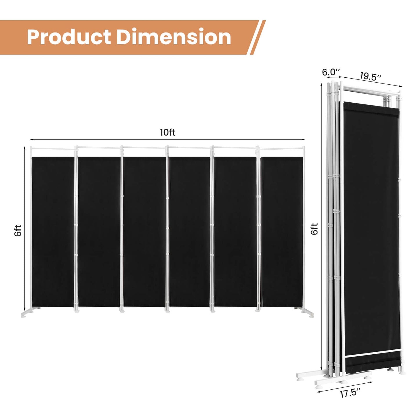 Divisor de ambientes plegable de 6 paneles con base de soporte de acero - Negro