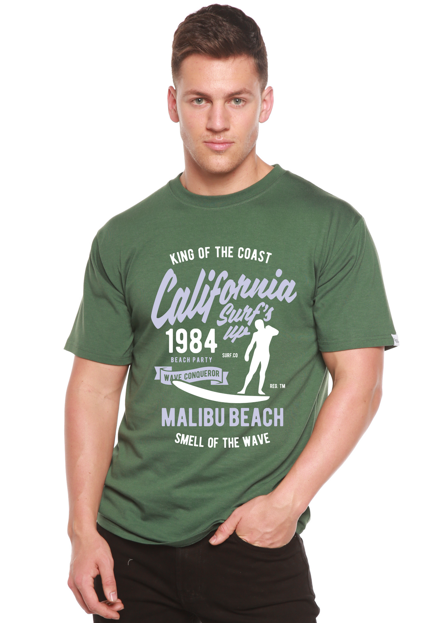 Men's Spun Bamboo California 1984 graphic short sleeve tee in green with surf motif on Tampa Home & Garden Store