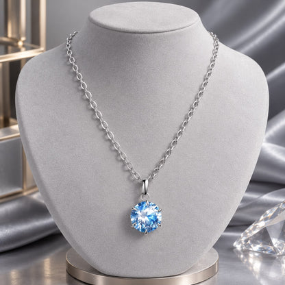 Sterling Silver moissanite pendant necklace with 6.5mm round blue gemstone on cable chain on Tampa Home & Garden Store