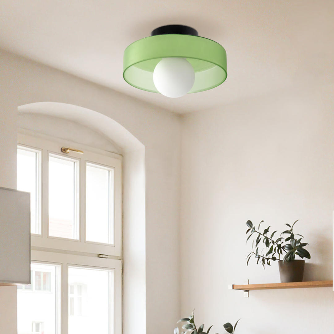 Modern LED Ceiling Light by Moktan Sabai with a green circular shade and white globe bulb on Tampa Home & Garden Store