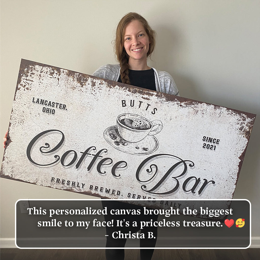 Coffee Bar sign canvas by Tailored Canvases, distressed white with coffee cup illustration on Tampa Home & Garden Store