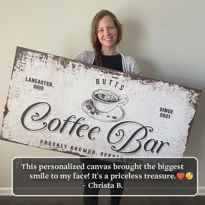 Coffee Bar sign canvas by Tailored Canvases, distressed white with coffee cup illustration on Tampa Home & Garden Store