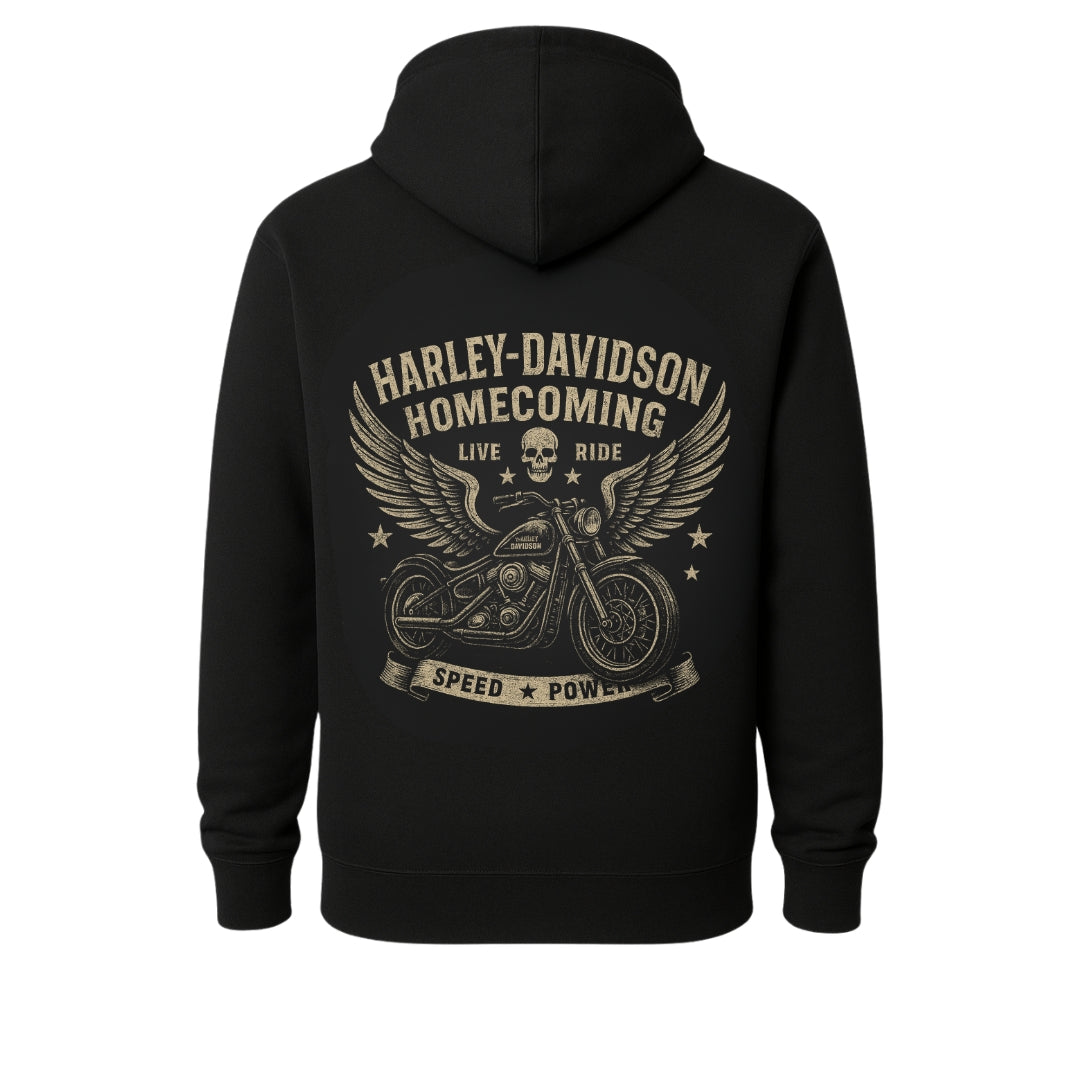 Hoodie with Harley-Davidson Homecoming winged motorcycle graphic by BikerZoneZ on Tampa Home & Garden Store