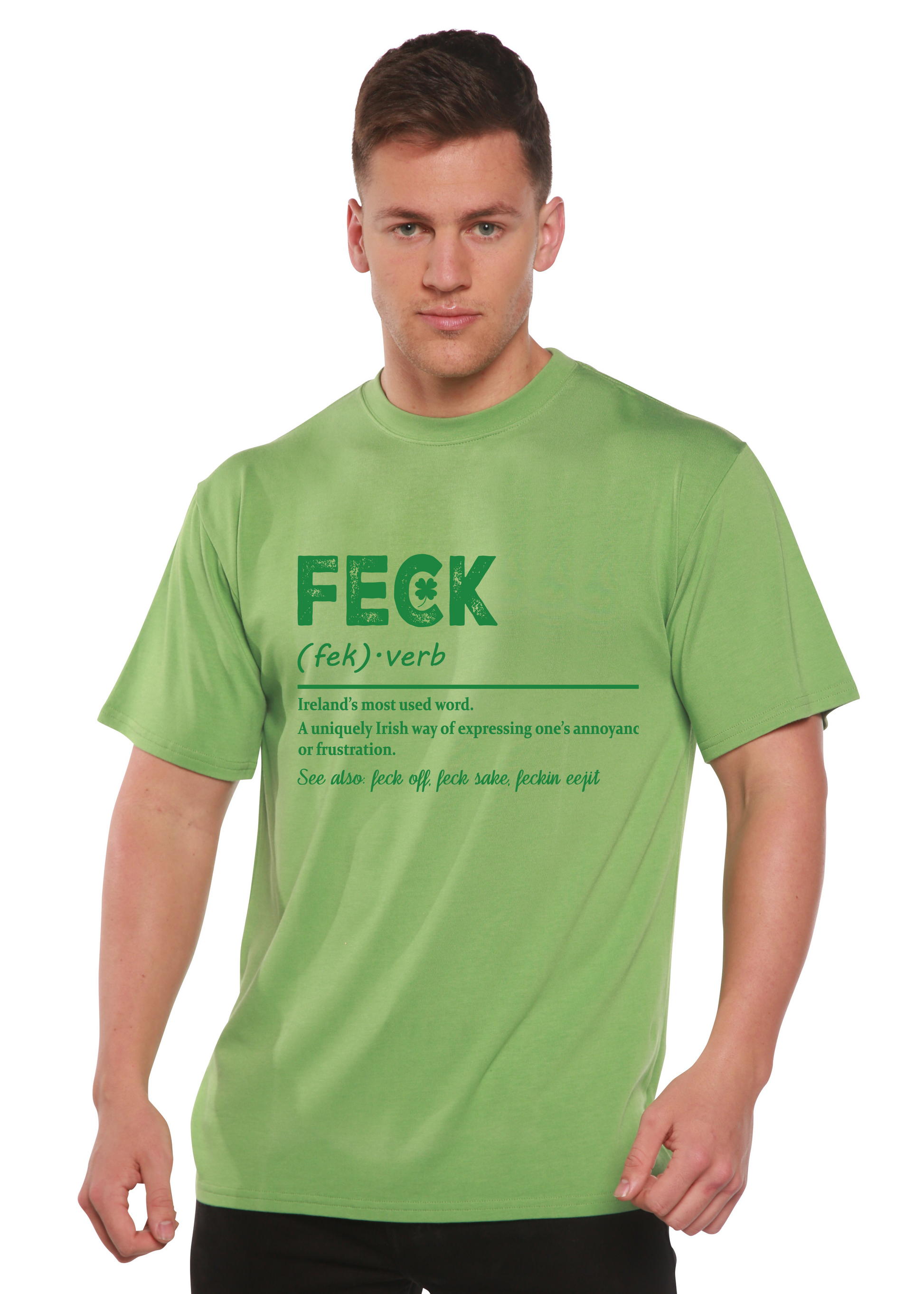 Feck Irish St Patricks Day unisex bamboo/cotton graphic T-shirt lime green by Spun Bamboo on Tampa Home & Garden Store