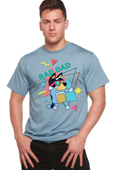 Rad Dad Bluey men's bamboo short sleeve graphic tee in blue with bold shapes by Spun Bamboo on Tampa Home & Garden Store