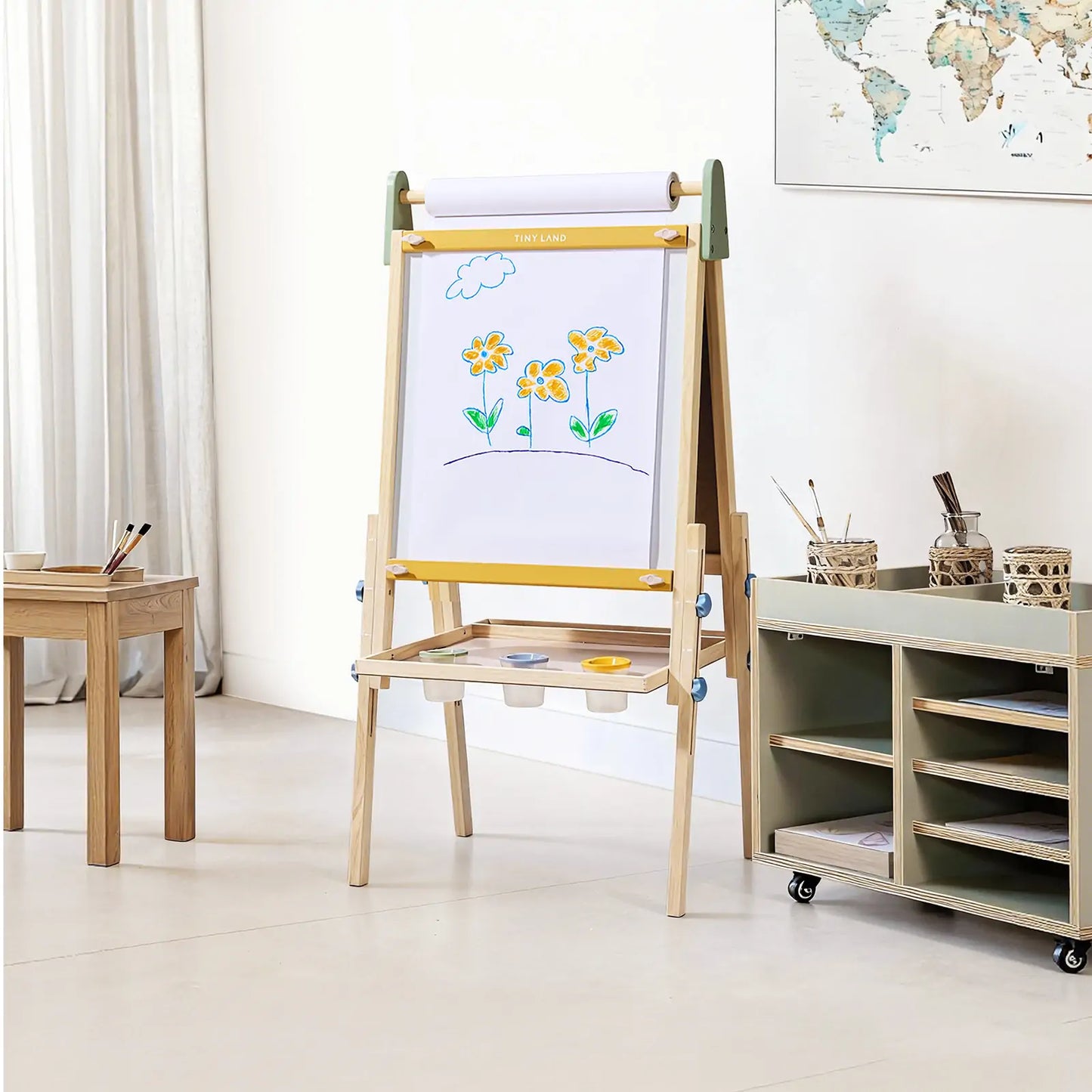 Tiny Land INC 3-in-1 Kids Easel with paper roll, wooden frame, yellow crossbar on Tampa Home & Garden Store