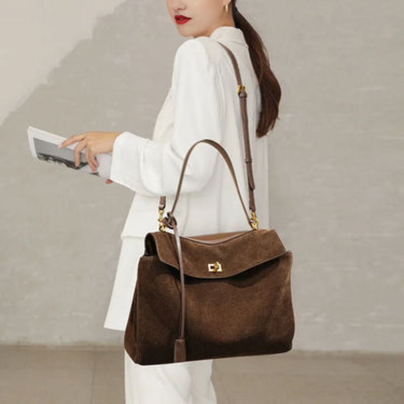 Large rectangular shoulder handbag Moktan Sabai brown suede with top flap and gold hardware on Tampa Home & Garden Store