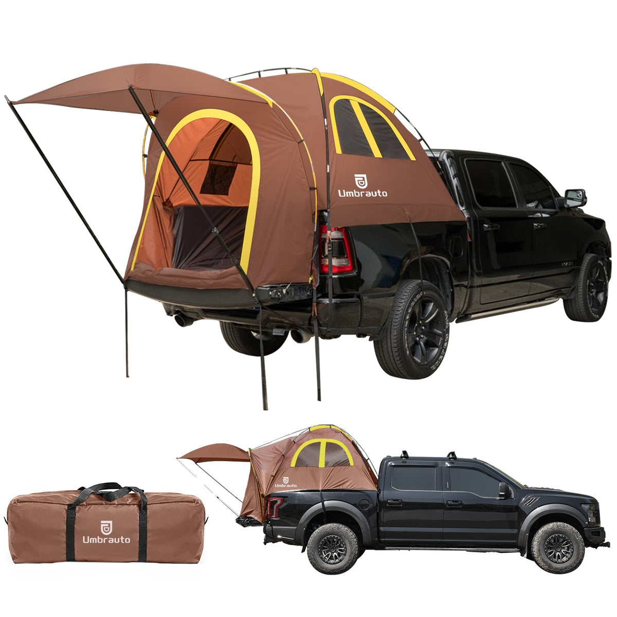 Umbrauto truck bed tent with awning brown/yellow; waterproof PU3000mm, fits 5.5–5.8 ft beds on Tampa Home & Garden Store