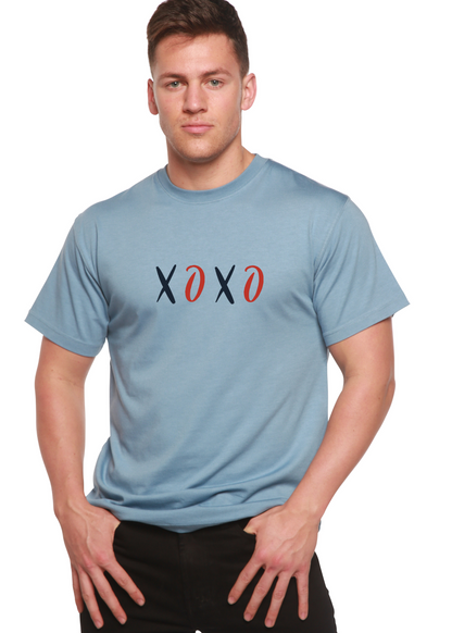 XOXO unisex Spun Bamboo graphic T-shirt light blue with navy X, red O on chest on Tampa Home & Garden Store