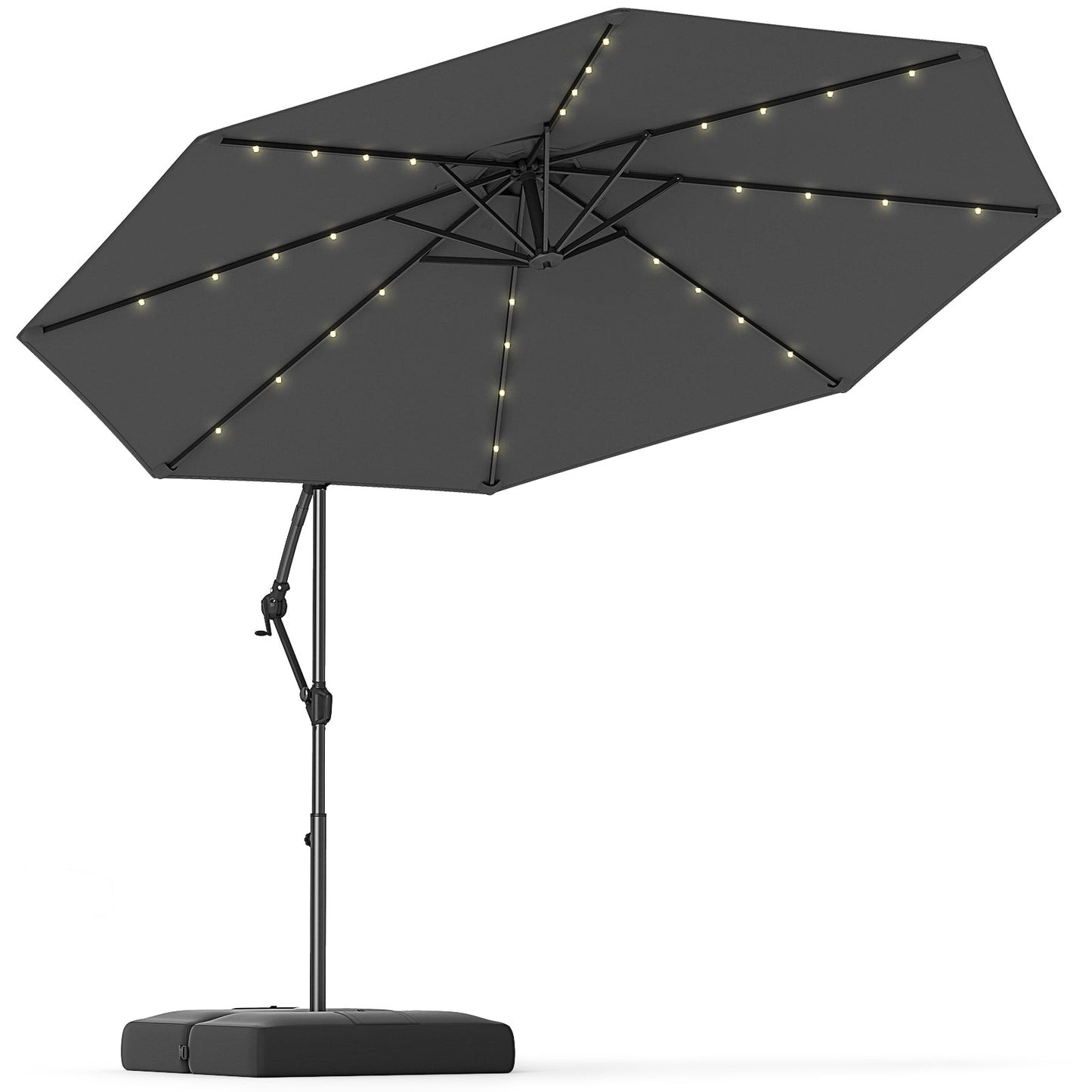 Sombrilla Colgante Solar de 10 Pies con Base y 32 Luces LED - Gris