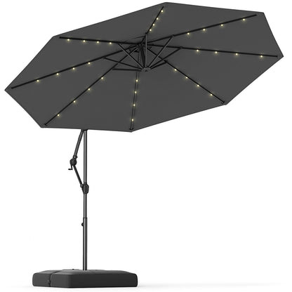Sombrilla Colgante Solar de 10 Pies con Base y 32 Luces LED - Gris
