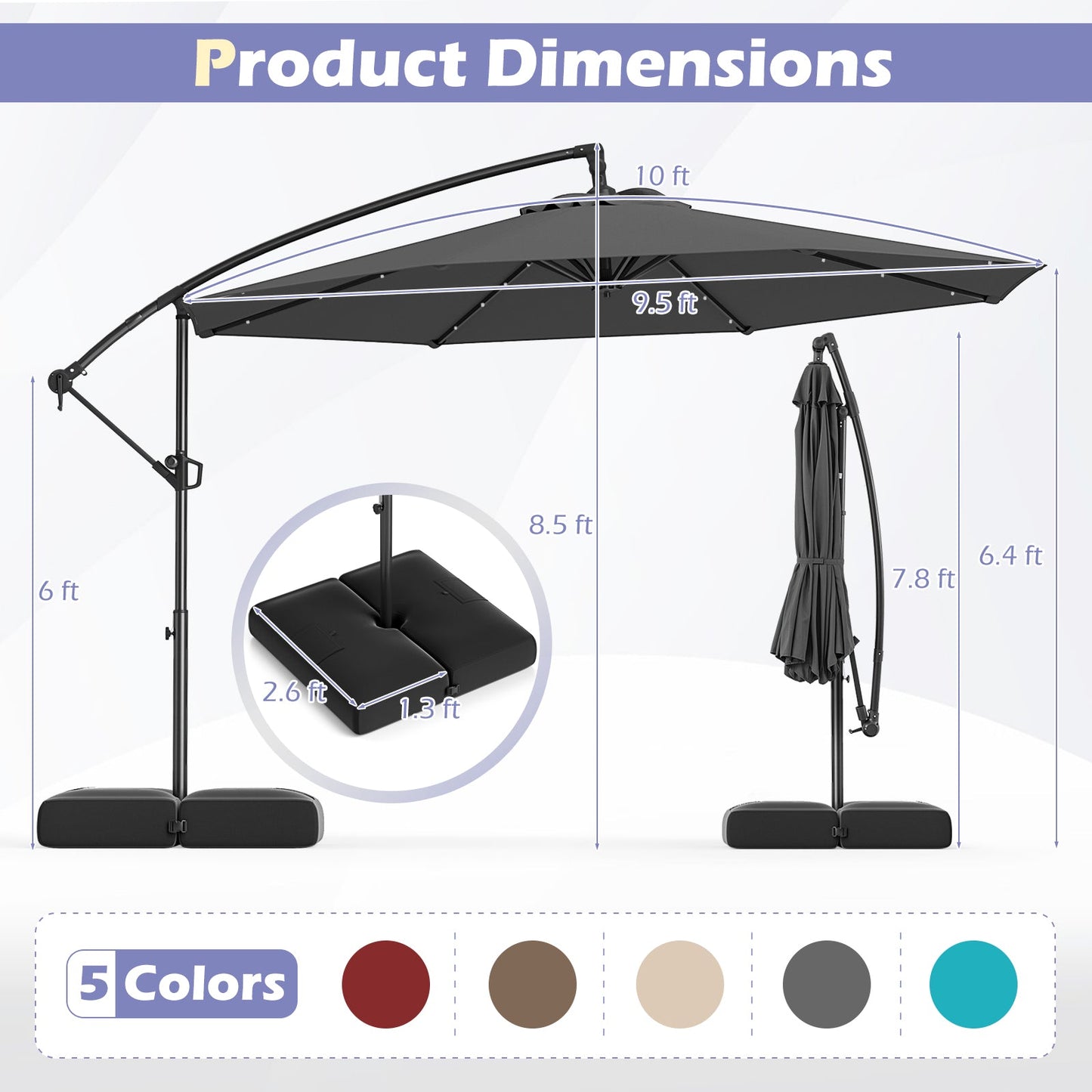 Sombrilla Colgante Solar de 10 Pies con Base y 32 Luces LED - Gris