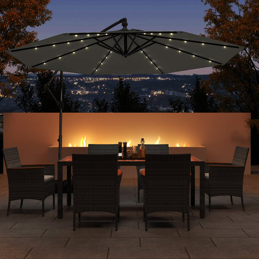 Sombrilla Colgante Solar de 10 Pies con Base y 32 Luces LED - Gris