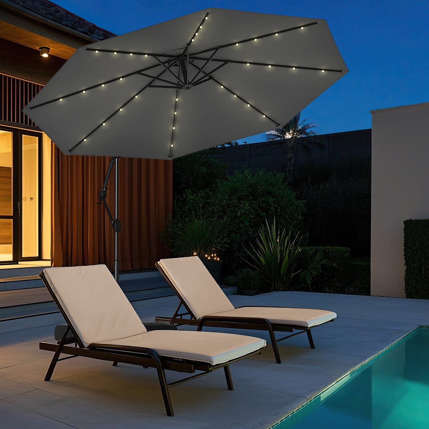 Sombrilla Colgante Solar de 10 Pies con Base y 32 Luces LED - Gris
