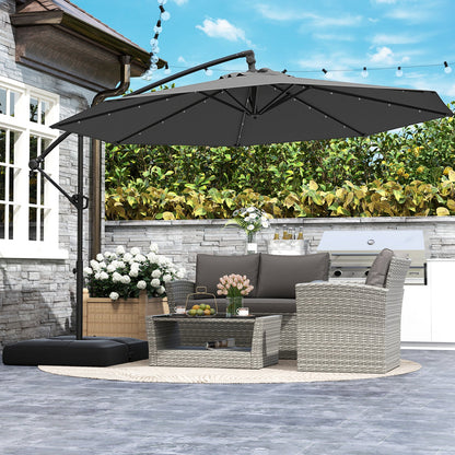 Sombrilla Colgante Solar de 10 Pies con Base y 32 Luces LED - Gris