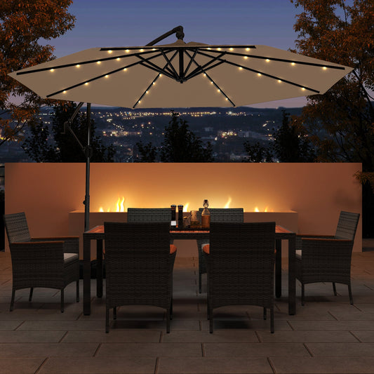 Parasol colgante excéntrico solar de 3 m con base y 32 luces LED - Gris topo