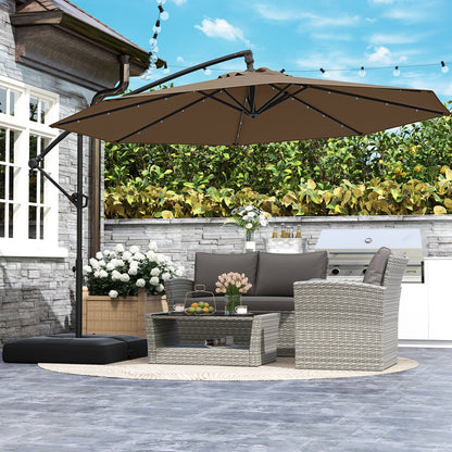 10 Feet Solar Offset Hanging Umbrella with Base and 32 LED Lights-Taupe