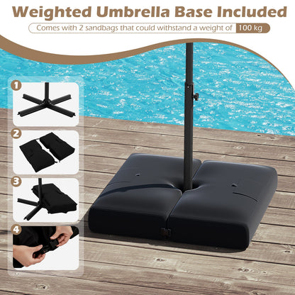 10 Feet Solar Offset Hanging Umbrella with Base and 32 LED Lights-Taupe