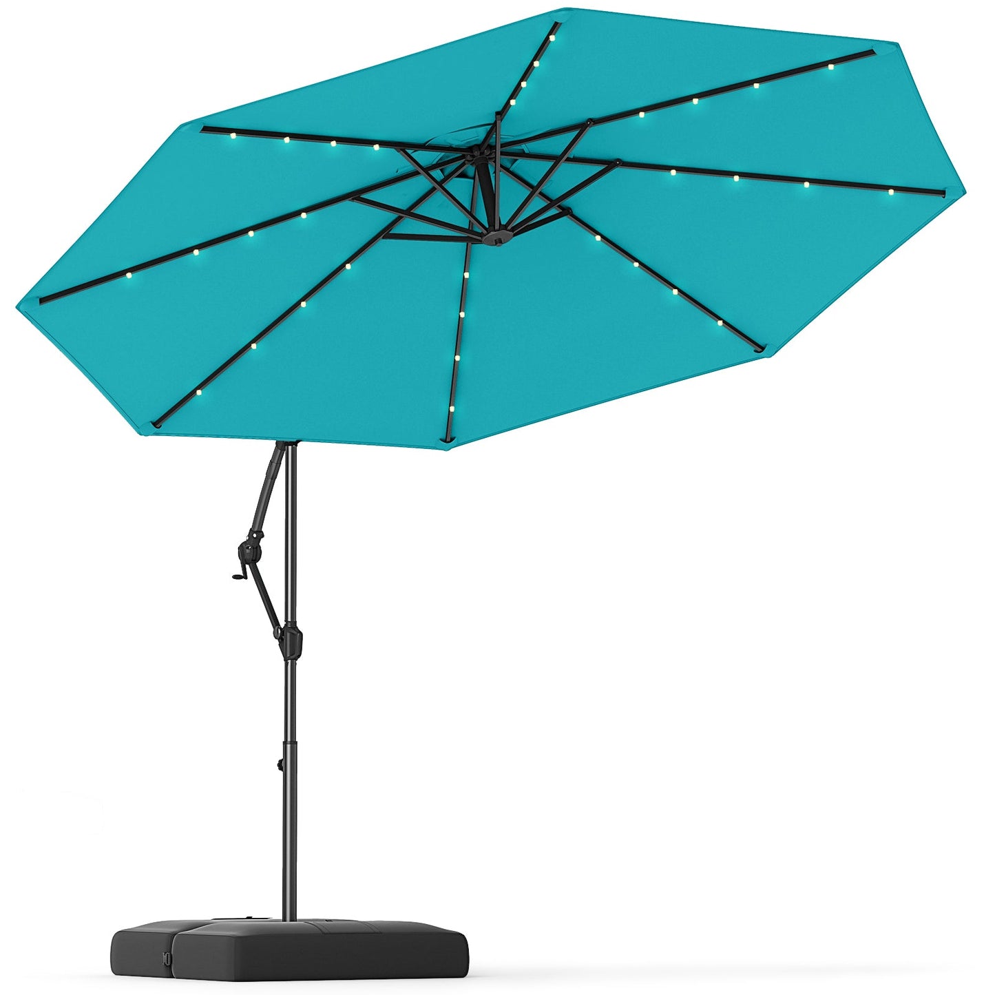 10 Feet Solar Offset Hanging Umbrella with Base and 32 LED Lights-Turquoise