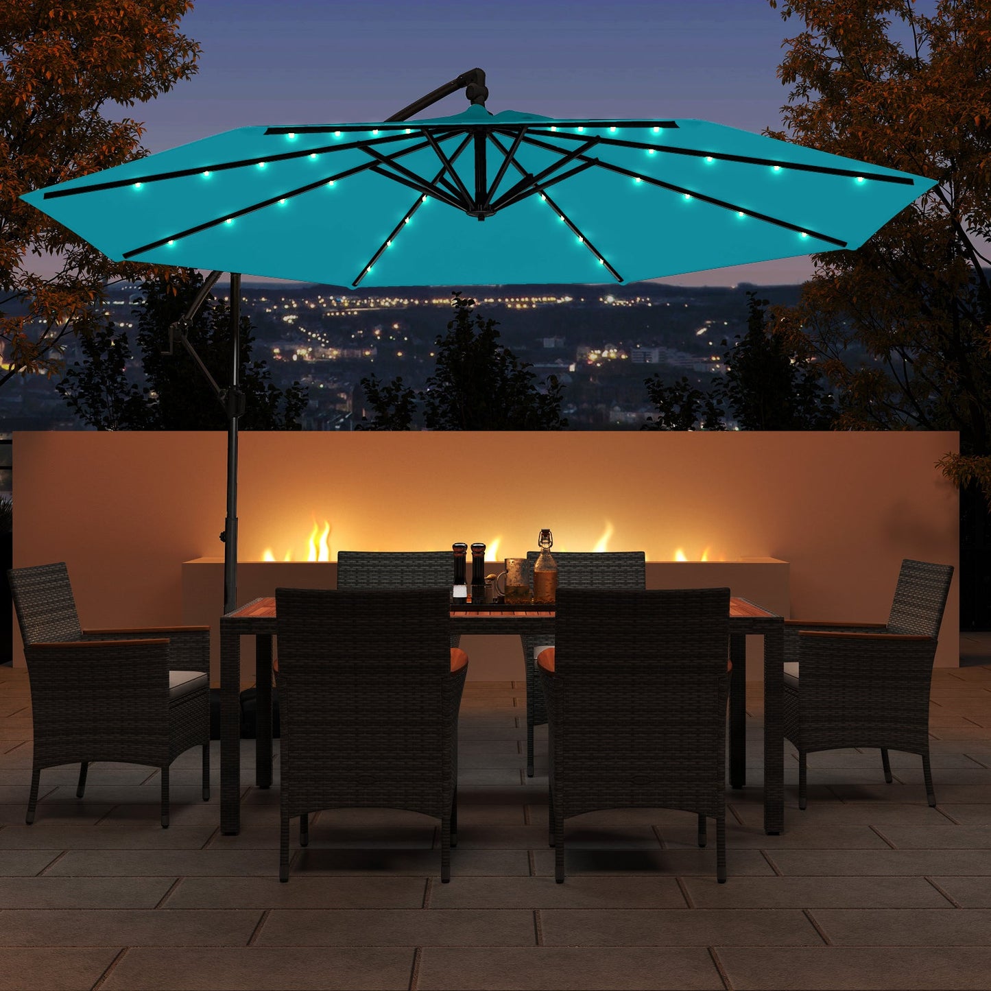 10 Feet Solar Offset Hanging Umbrella with Base and 32 LED Lights-Turquoise
