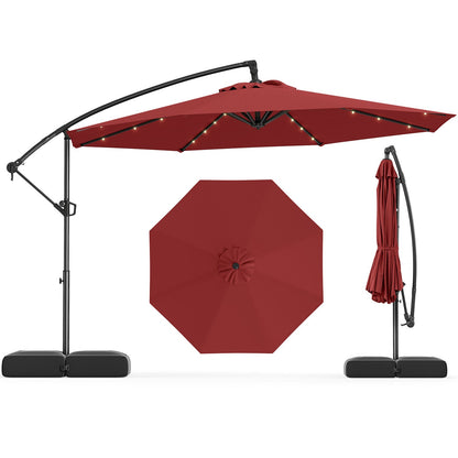 Sombrilla colgante solar de 10 pies con base y 32 luces LED - Color vino