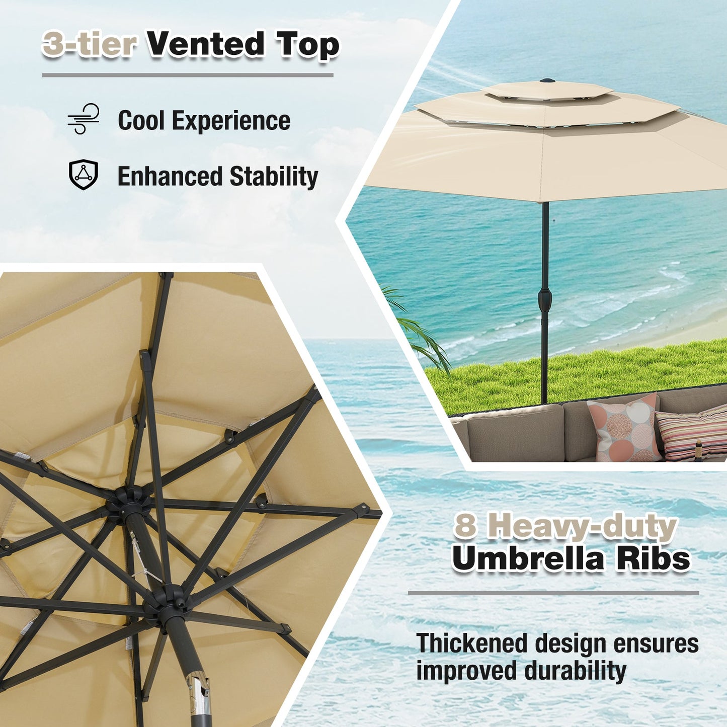10 ft 3-tier Vented Patio Umbrella with Push Button Tilt-Beige