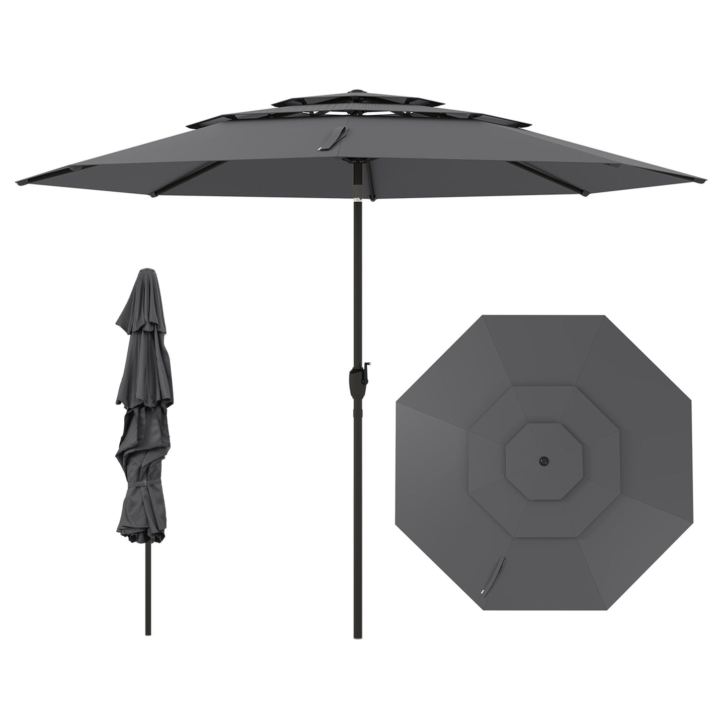 10 ft 3-tier Vented Patio Umbrella with Push Button Tilt-Gray