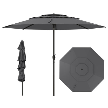 10 ft 3-tier Vented Patio Umbrella with Push Button Tilt-Gray