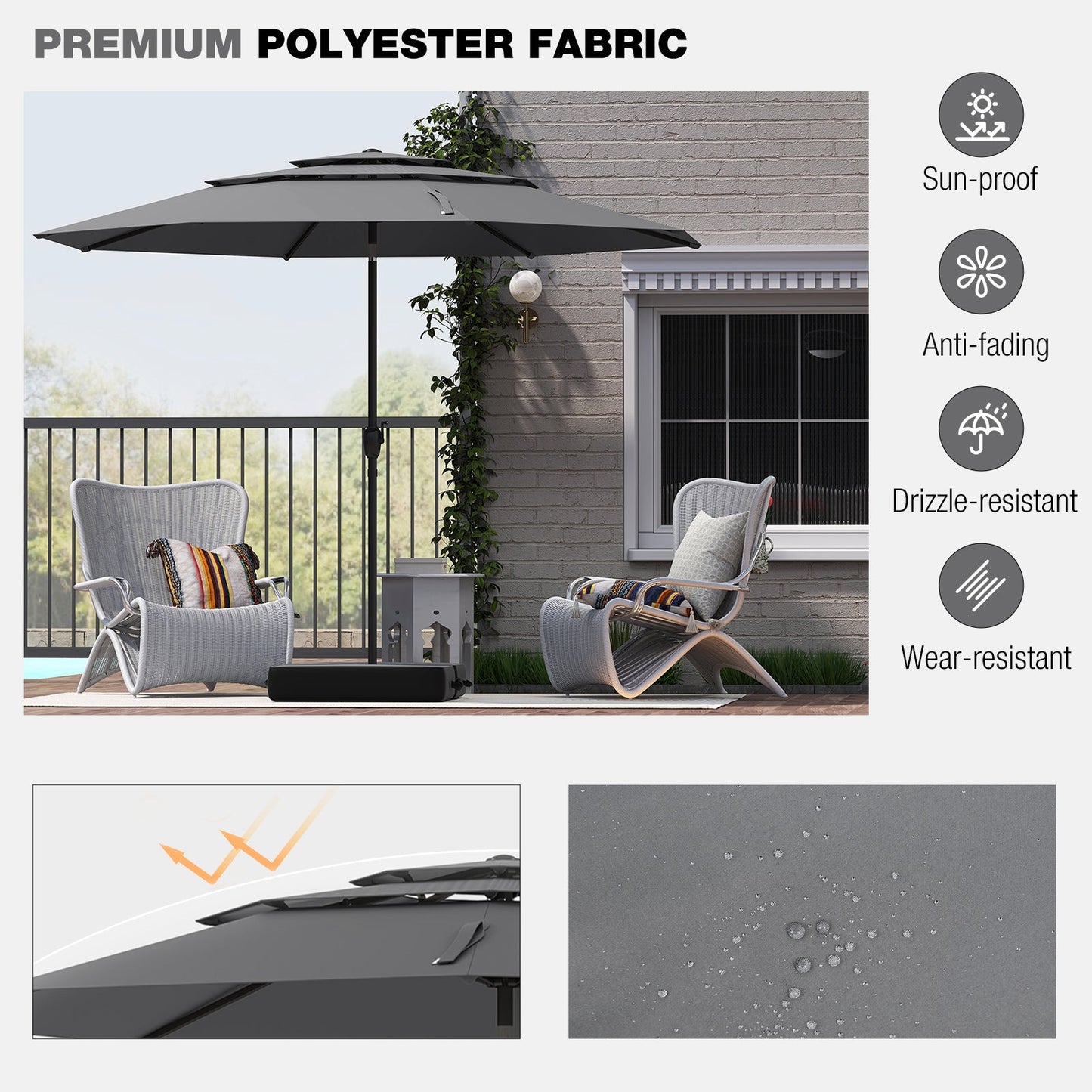10 ft 3-tier Vented Patio Umbrella with Push Button Tilt-Gray