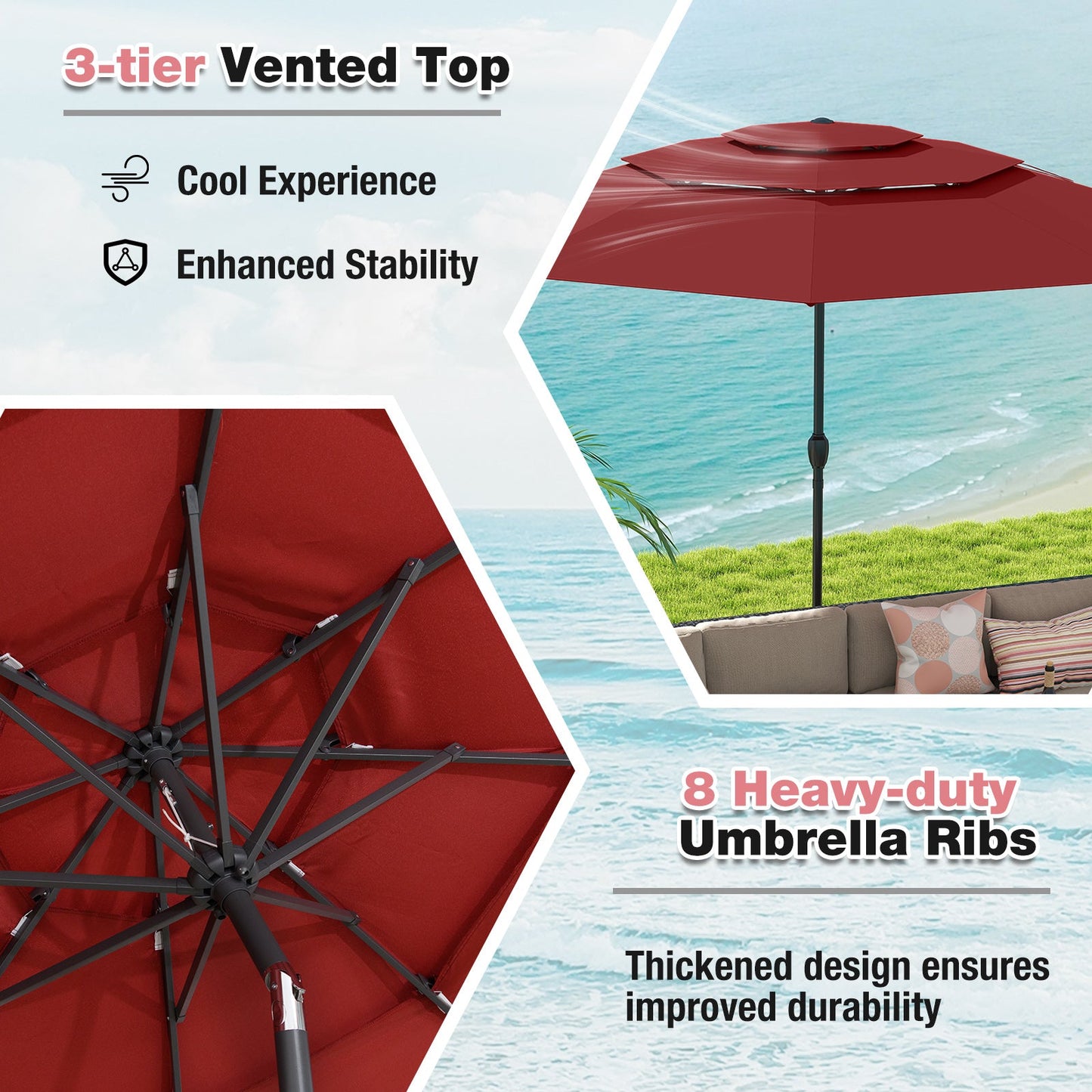 10 ft 3-tier Vented Patio Umbrella with Push Button Tilt-Red