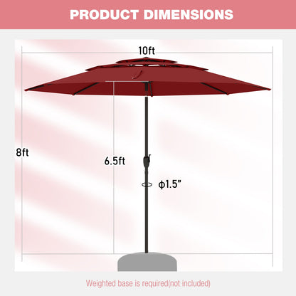 10 ft 3-tier Vented Patio Umbrella with Push Button Tilt-Red