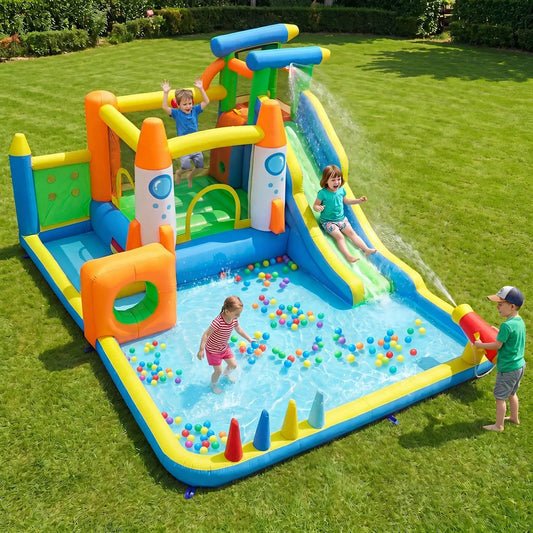 10-in-1 Inflatable Bounce House with Water Slide and Ball Pit, bright colors with 4 kids on Tampa Home & Garden Store